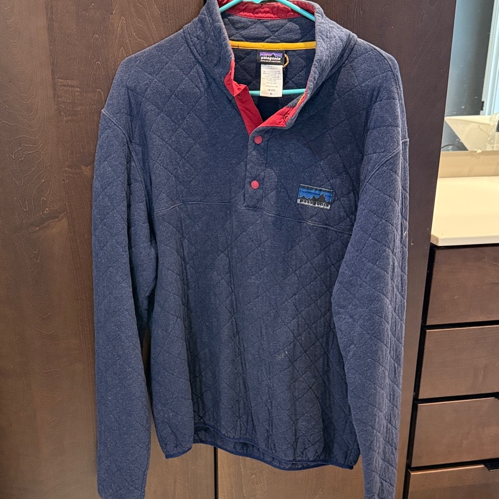 Patagonia Blue Quarter-Zip Sweater with Red Accents